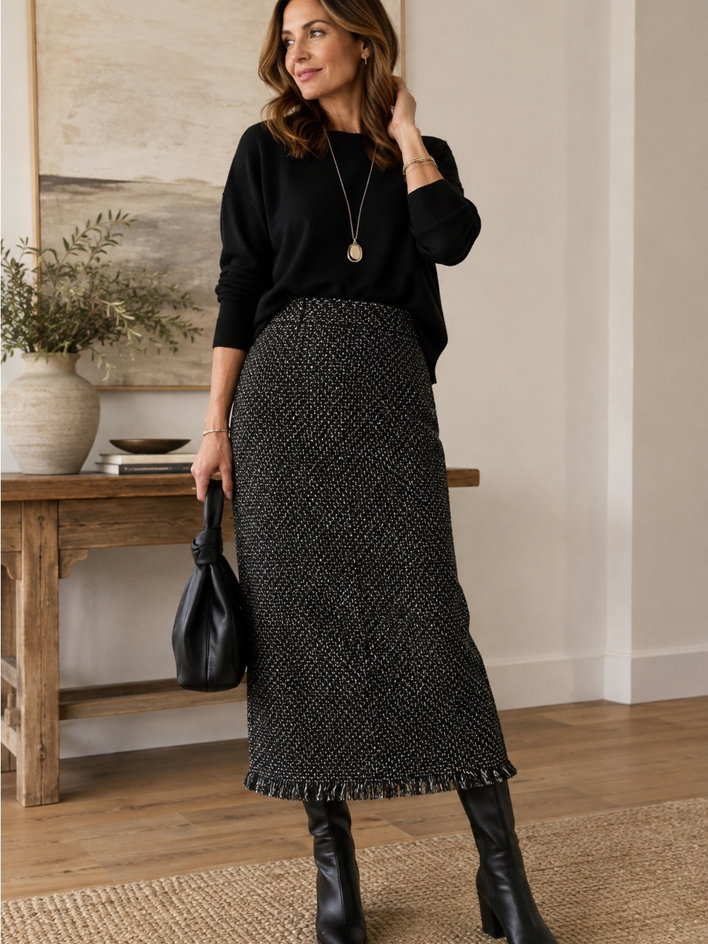 Chico’s Size 2 Black White Boucle Tweed Fringe Midi Skirt Stretch